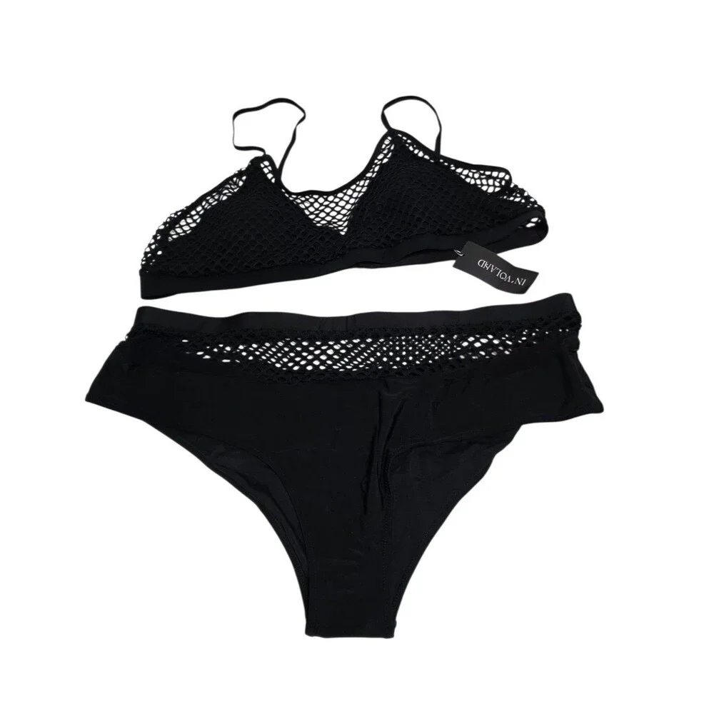 In'voland NWT Two Piece Swimsuit Black w/ Fishnet Details Woman's Size 24W